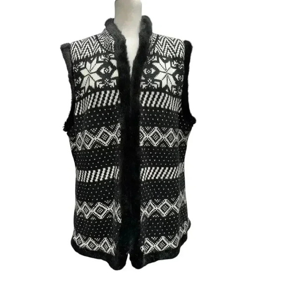 Christopher & Banks Black & White Knit with Faux Fur Trim Stand up Collar Sz XL - Picture 2 of 14